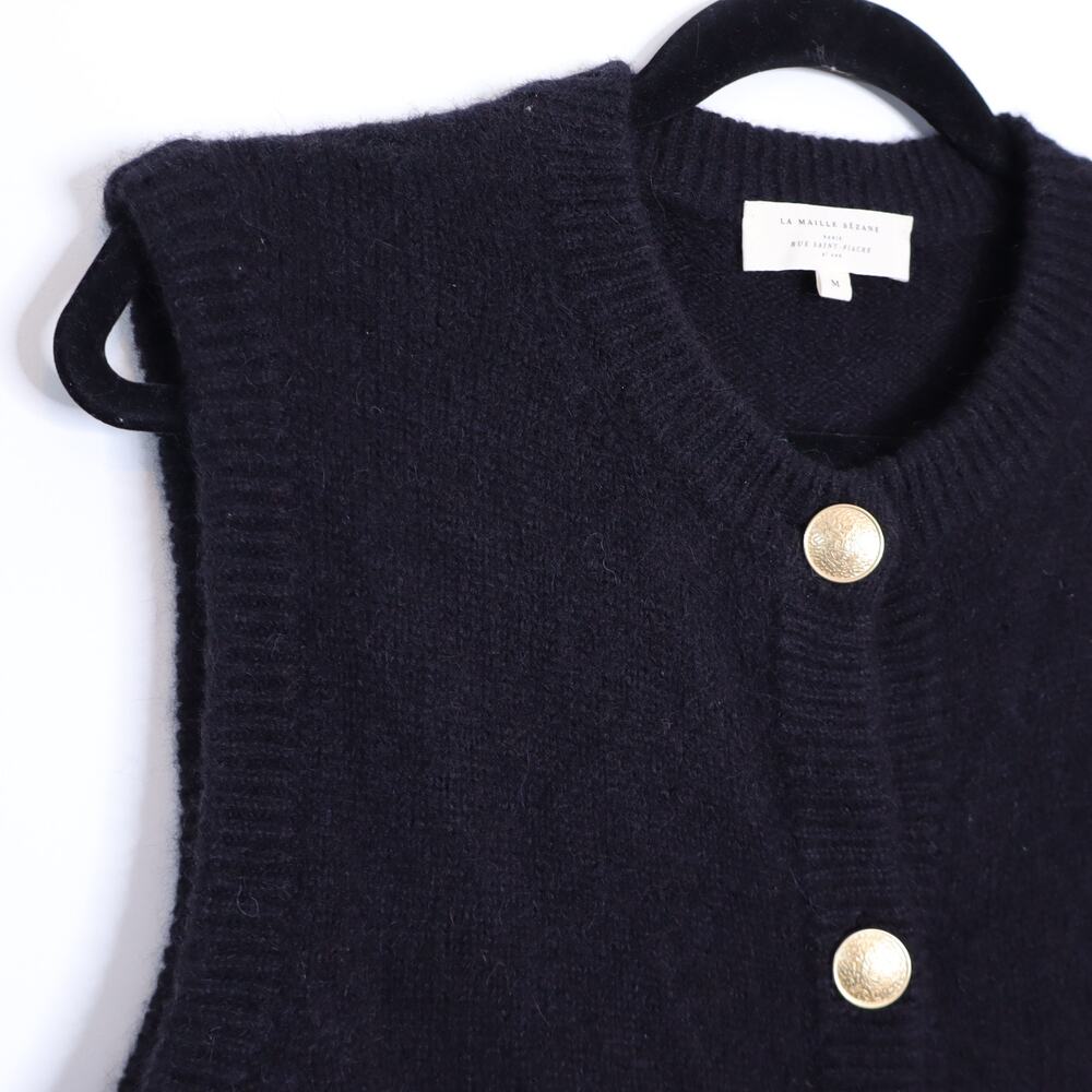 SEZANE Sacha Sweater Vest Cardigan Black w/ Gold Button Wool Blend Women's M - Picture 3 of 12